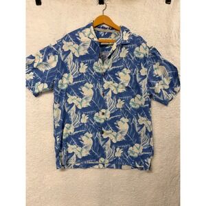 Tommy Bahama Mens Large Blue Floral 100% Silk Short Sleeve Button Up Shirt L